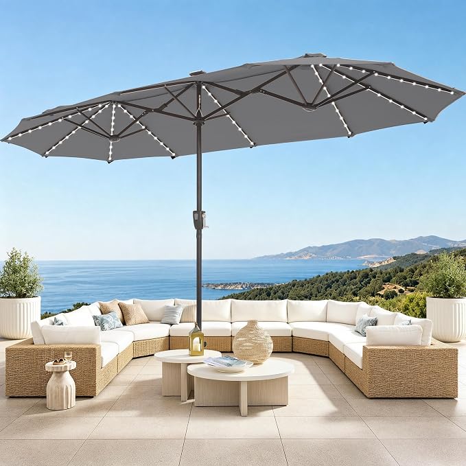 PHI VILLA 13ft Patio Umbrella with 120 PCS Solar-Powered LED Color-Changing Lights, Double-Sided Large Rectanglular Umbrella Outdoor for Table with Crank Lift,Light Grey(No Base)
