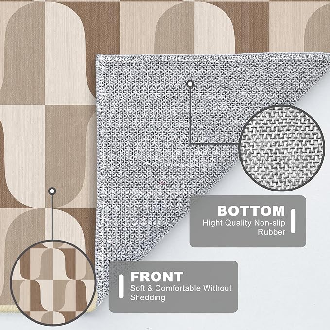 Modern Geometric Runner Rug 2x6 for Hallway Kitchen Bedroom Neutral Beige Brown Abstract Mid Century Modern Runner Rugs Machine Washable Non-Slip Print Low Pile Long Floor Carpet for Entryway Bathroom