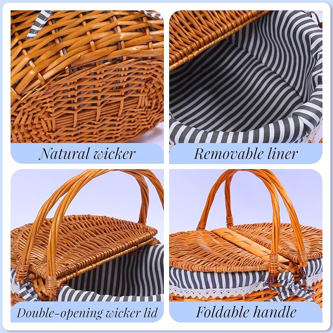 Wicker Picnic Basket with Handle, 15" Large Picnic Basket with Lid & Removable Liner, Vintage Hand Woven Basket with Blanket for Picnics, Camping, Thanksgiving, and Birthday
