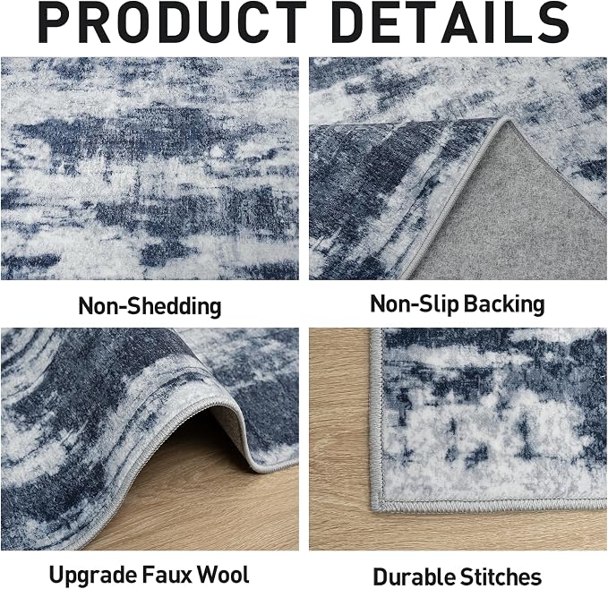8x10 Area Rugs for Living Room: Washable Abstract Blue Grey Badroom Carpet | Non-slip TPE backing makes this washable soft low-pile rug safe & durable, Pet-friendly decor for dining room,nursery,office