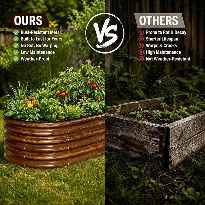 SnugNiture 4x2x1.5ft Raised Garden Bed Outdoor, 17" Tall Galvanized Metal Planter Box, Oval Raised Garden Bed Kit for Planting Vegetables Plants Fruits, Brown