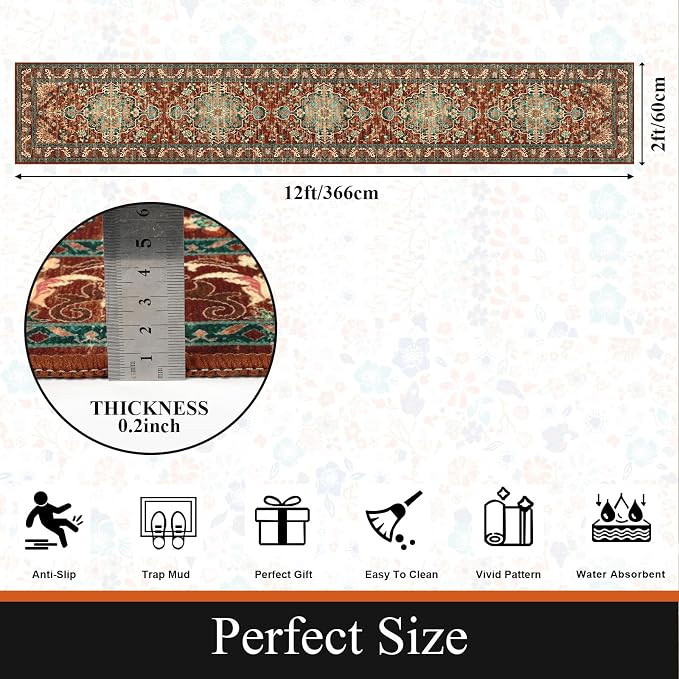 U'Artlines 2' x 12' Boho Hallway Runner Rug, Washable Carpet, Rust＆Teal | Non Slip, Long, Vintage Farmhouse Accent Area Rug Carpet, for Kitchen Entryway Laundry and Living Room