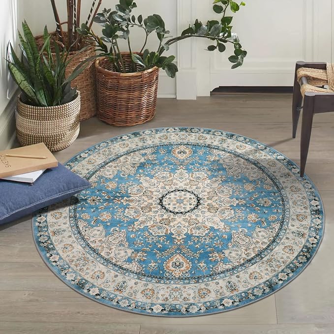 Lahome Felice Oriental Floral Medallion Round Rug - 3Ft Blue Small Round Area Rug, Soft Non-Slip Washable Bathroom Mat Indoor Throw Kitchen Carpet for Bedroom Chair Closet Decor