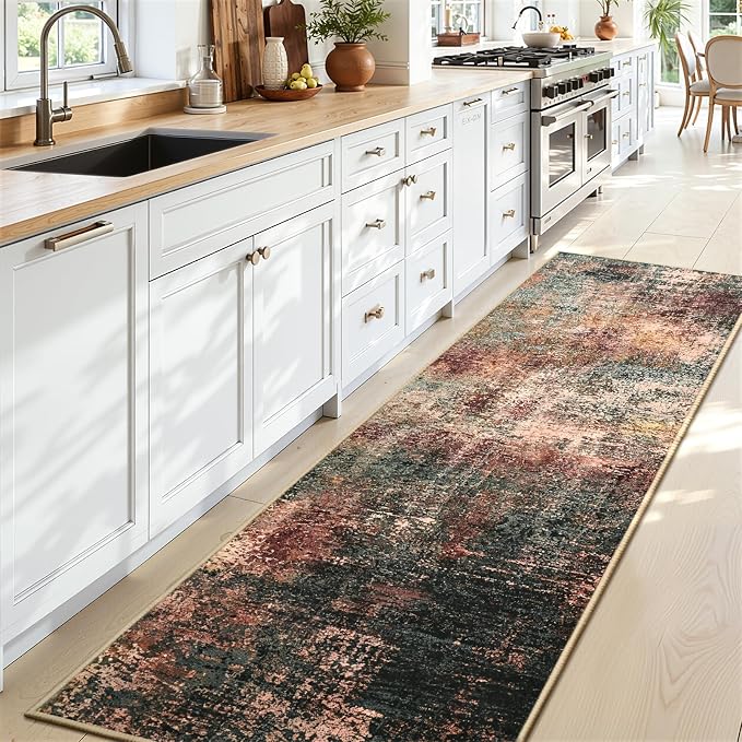 Toneed Washable 2x6 Non-Slip Abstract Runner Rug for Hallway Kitchen | Soft Modern Low Pile Area Rugs for Bedroom Laundry Living room,Indoor Carpet for Bedside Home Decor, Dark Earthy Tone