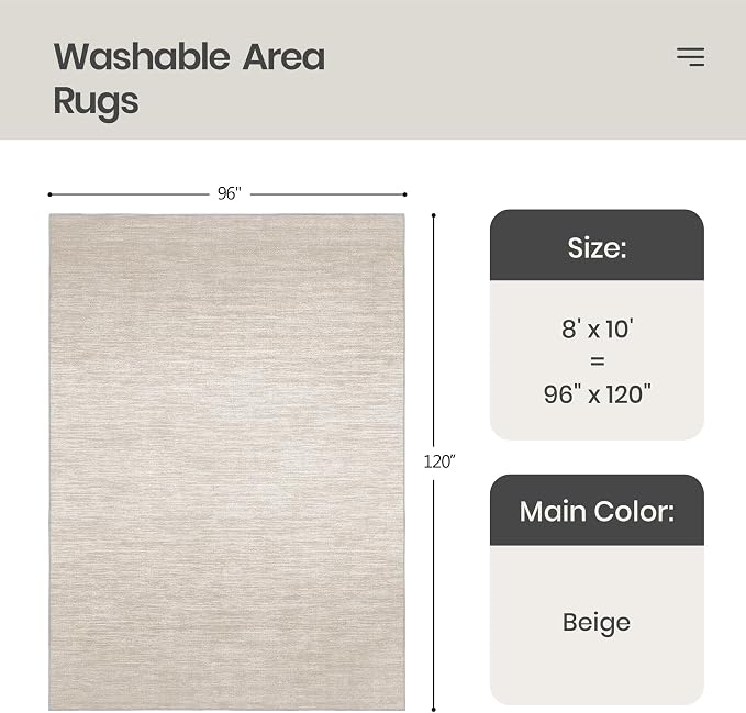 Valenrug 8x10 Area Rugs for Living Room, Large Washable Rug Non Slip, Beige | Soft Low Pile, Thin & Lighweight Carpet, Folable Stain Resistant Modern Indoor Floor Mat for Bedroom, Dining Room, Home Decor