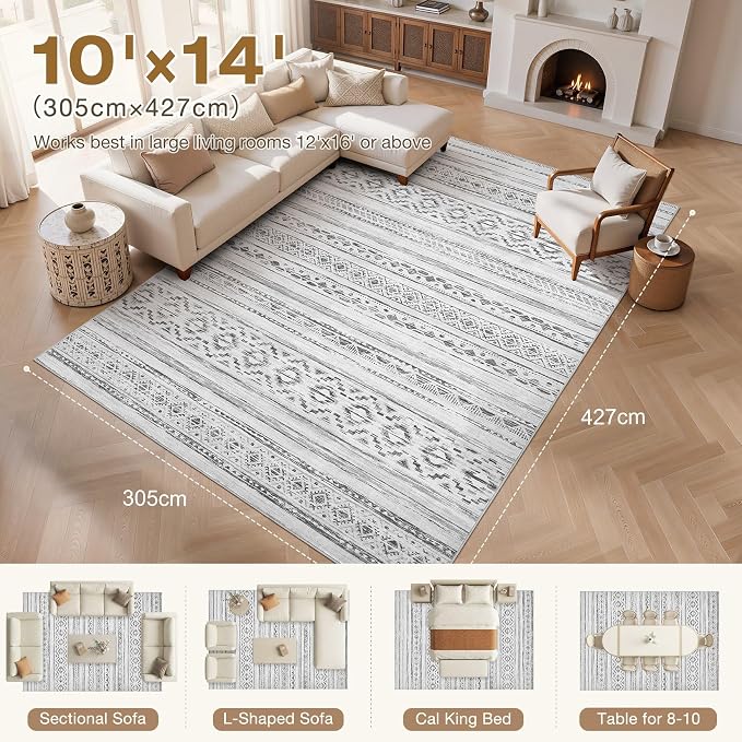 cotiled Boho 10x14 Area Rug for Living Room: Large Moroccan Washable Rug | Solve Modern Neutral Trendy Home Decor - Stain Resistan Carpet for Bedroom Farmhouse Cream Grey