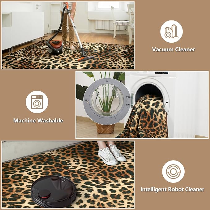 DweIke Leopard Rugs for Living Room, 4x6 Cheetah Print Rug for Bedroom Decor, Washable Non-Slip Stain Resistant Faux Animal Throw Carpet for Dining Room Office Western Home, Dark Brown