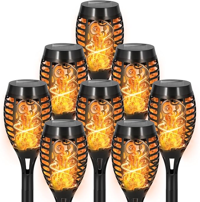 Solar Torch Flame Outdoor Lights, Flickering Flame LED – Waterproof Solar Garden Lights for Patio, Yard, Pathway, Landscape & Backyard Décor (Warm White-8 Pack)