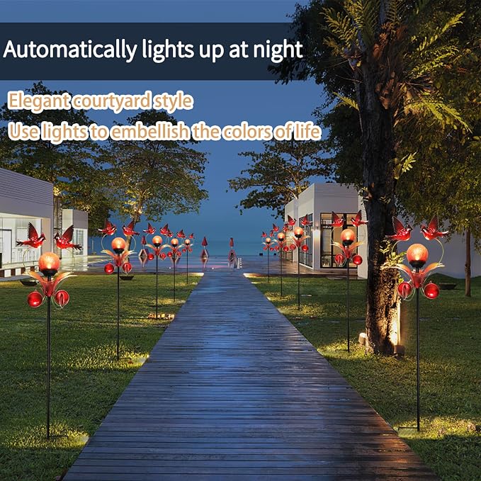 Decorative Solar Outdoor Light, Cardinal Glass Globe Stake For Lawn Yard | Solar Cardinal Lights With Wind Spinner Design, Crackle Glass Globe, Auto On/Off For Garden, Lawn, Yard