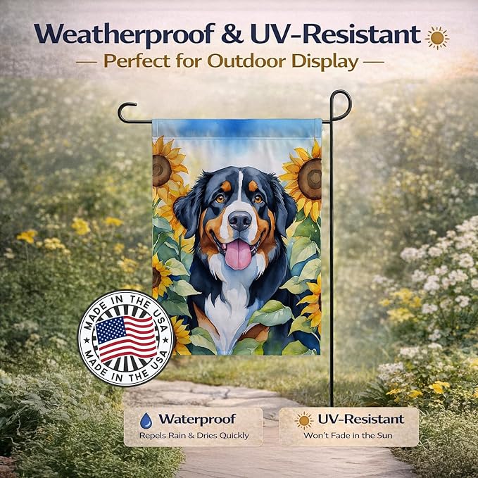 Caroline's Treasures DAC6026GF Bernese Mountain Dog in Sunflowers Garden Flag Mailbox Flag Decorative Yard Flag Banner Outside Patio Artwork Yard Flower Beds, Garden Size, Multicolor