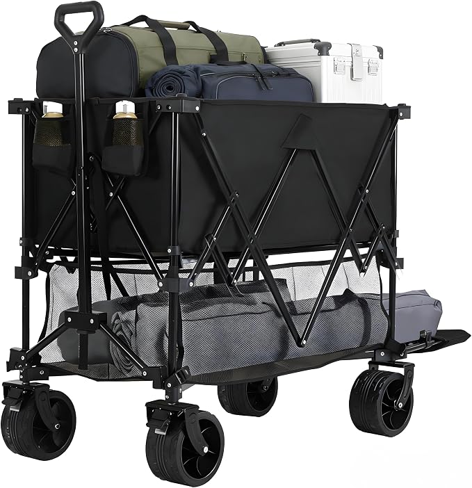 NEWBULIG Large Capacity Wagon Carts Foldable, 440LB Heavy-Duty Double Decker Wagon with All-Terrain Wheels, Portable Storage Shopping Cart for Groceries, Camping, Sports, Beach, Garden