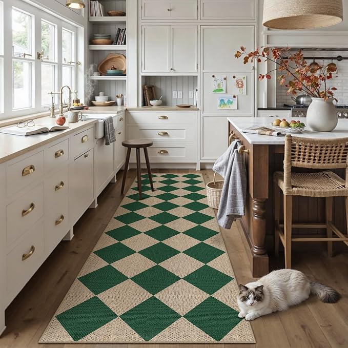 PureCozy 2x8 Checkered Easy Jute Runner Rug Non Slip Hallway Kitchen Washable Outdoor Rug for Entryway Indoor Checkerboard Green Long Indoor Outdoor Carpet for Bedside Entry Front Door Porch