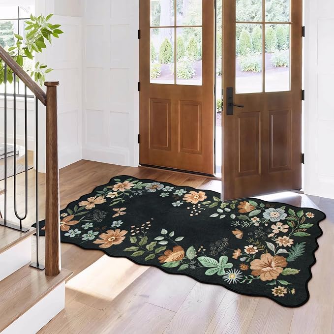 Lahome Floral Entryway Rug, 2x4 Soft Washable Kitchen Rug Ultra-Thin | Non-Slip Door Mat Indoor Entrance Stain Resistant Boho Small Flore Carpet for Bathroom Bedroom (2x4ft, Black/Grey)