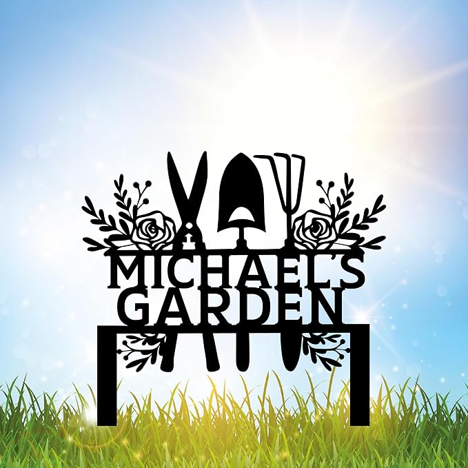 Custom Metal Garden Tools Sign with Stakes, Personalized Garden Name Sign, Yard Art, Patio Decorations, New Home Gift, Garden Decorative, Gardening Tools Sign for Outdoor, Large Housewarming Gift