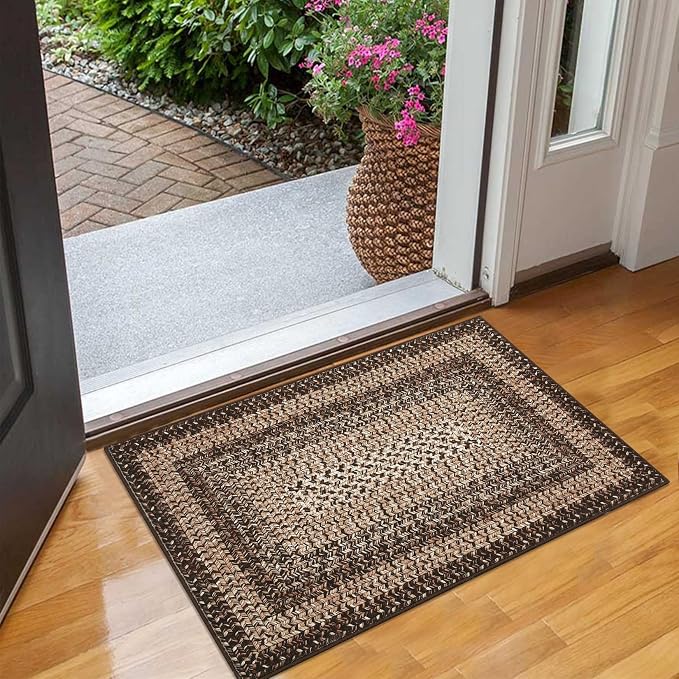 RUGSREAL Entryway Rug 2x3 Small Bedroom Washable Rus with Rubber Backing | Living Room Non Slip Bathroom Mat Stain Resistant Braided Print Carpet for Dining Room Kitchen Hallway, Brown