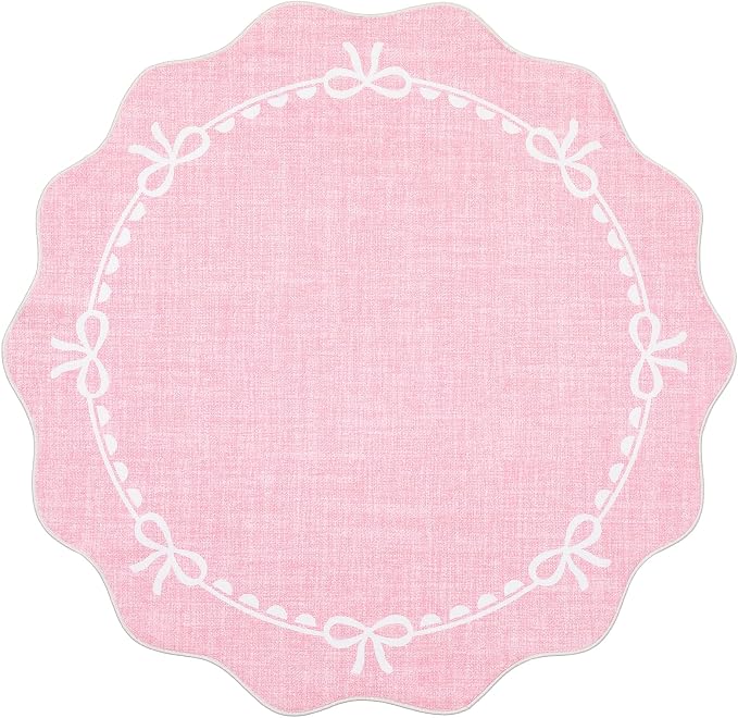 GarveeHome 6ft Round Rugs Washable Scalloped Bow Rug for Bedroom, Pink | Non Slip Soft Low Pile Ultra-Thin Stain Resistant Indoor Carpet for Living Room Nursery Girls Dorm Decor Kids Room Playroom
