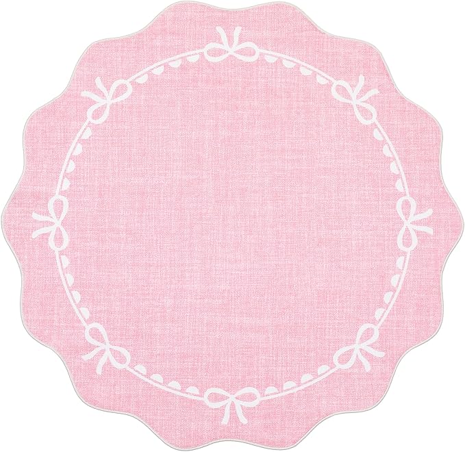 GarveeHome 5ft Round Rugs Washable Scalloped Bow Rug for Bedroom, Pink | Non Slip Soft Low Pile Ultra-Thin Stain Resistant Indoor Carpet for Living Room Nursery Girls Dorm Decor Kids Room Playroom