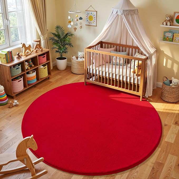 Amearea Red Round Area Rug 4ft Washable Circle Rugs for Bedroom Living Room | Fluffy Indoor Thickened Memory Foam Rug, Non Slip Minimalist Circular Carpet for Kids Boys Girls Dorm Nursery Room Decor