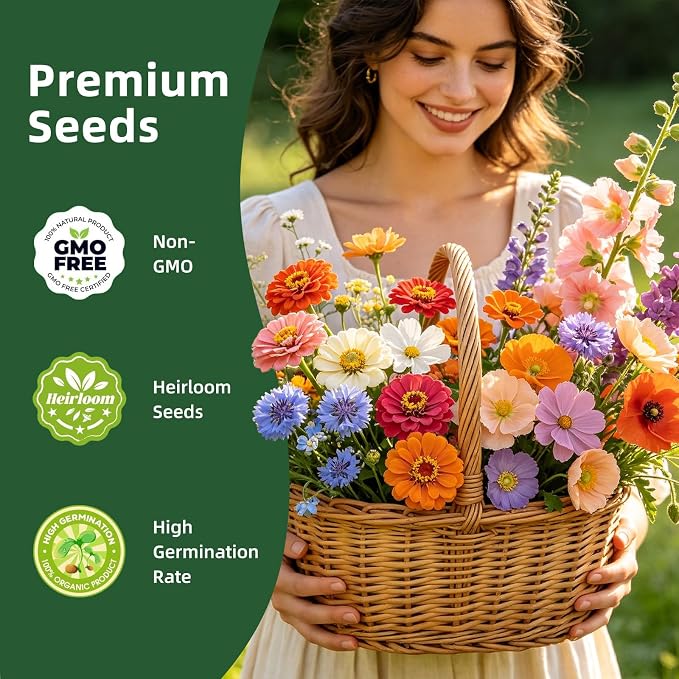 30 Edible Flower Seeds Variety Pack, 13500+ Premium Garden Seed Vault Kit, Pollinator Friendly, Indoor & Outdoor Year Round Planting, Nasturtium, Lavender, Borage, Calendula, Chamomile & More
