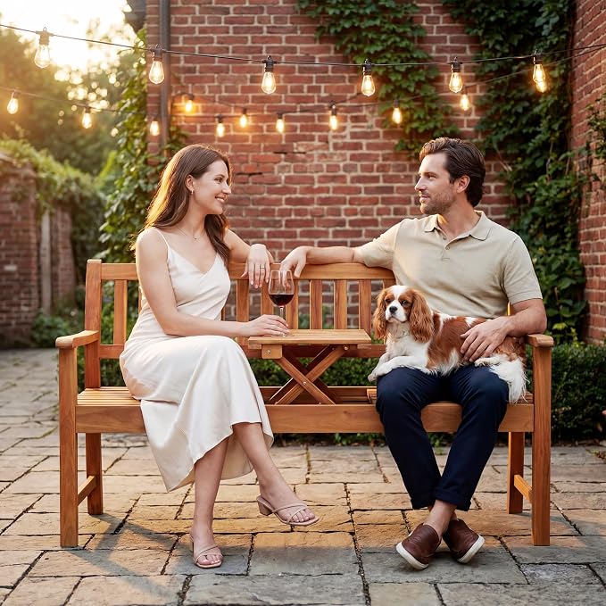 Flamaker Outdoor Bench with Pull-Up Table, Acacia Wood 2-Person Loveseats | Solid Wood Weather-Resistant Patio Seating with Convertible Center Table for Garden, Backyard, Porch, Poolside, Log Brown