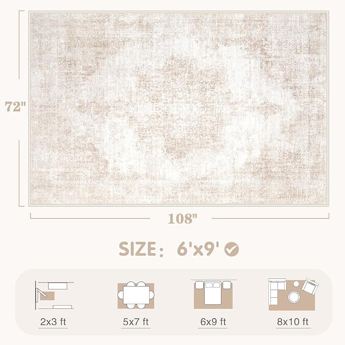 Area Rug 6x9 Vintage Rugs: Washable Living Room Rug Retro Medallion Distressed Large Rug Soft Low Pile Non-Slip Rugs Indoor Floor Carpet for Bedroom Kitchen Nursery Dining Table Office (Beige/Brown)