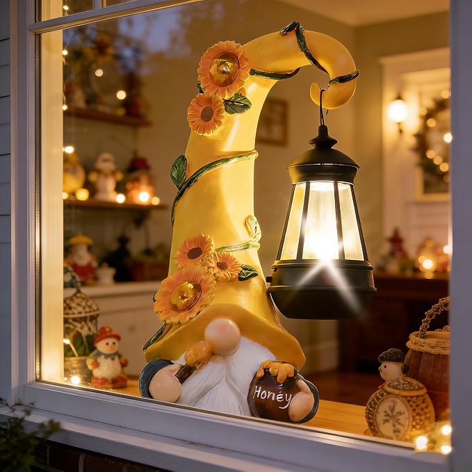 twinbling Birthday Gifts for Women Mom - Garden Gnome Statue with Solar Lights Large Garden Sculptures Funny Bee Gnome Outdoor Patio Lawn Yard Garden Decor 12 in Summer Gnomes Outdoor