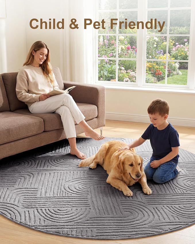 Carvapet 5.2ft Round Abstract Rug Dark Gray Washable High Low Pile Carpet | Soft plush textured rug with non slip backing for living rooms, bedrooms, nurseries and cozy indoor spaces