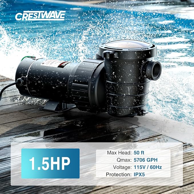 CrestWave 1.5 HP Above Ground Pool Pump 5706GPH High Flow | Self-Priming Pump, Quiet Energy Efficient w/Large Strainer Basket, 1.5", 1.25"-1.5" Adaptors, Fits Pools Spas Irrigation