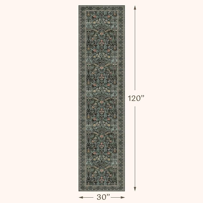 Dark Green 2'6"x10' Hallway Runner Rug - Washable Non Slip 10ft Wide Long Runner Rugs for Kitchen Entryway Indoor Vintage Floral Low Pile Stain Resistant Carpet