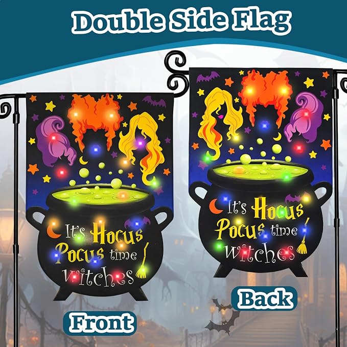 Halloween Lighted Garden Flag, Solar It's Hocus Pocus Witch Yard Flag for Outside, 8 Modes Double Sided Outdoor Halloween Decorations for Home Porch