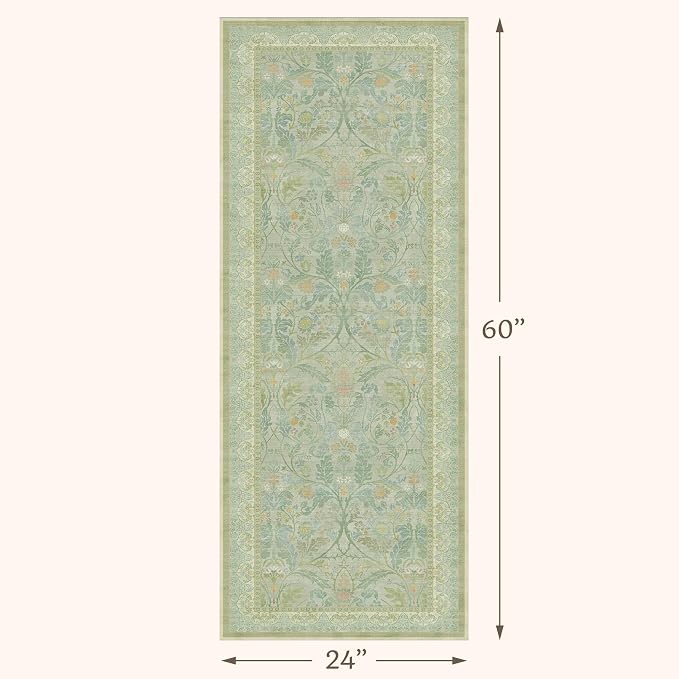 Washable Bathroom Runner Rug 2x5 Non Slip, Sage Green Small Throw Rug for Bedroom Bedside, Entryway, Hallway, Kitchen, Thin Low Pile Cottage Core Pastel Floor Carpet Stain Resistant