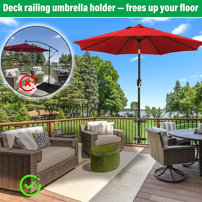 Heavy Duty Deck Railing Umbrella Holder, Adjustable Patio Umbrella Stand for 1-2 Inch Poles, Secure & Sturdy Railing Mount, Maximizes Deck Space
