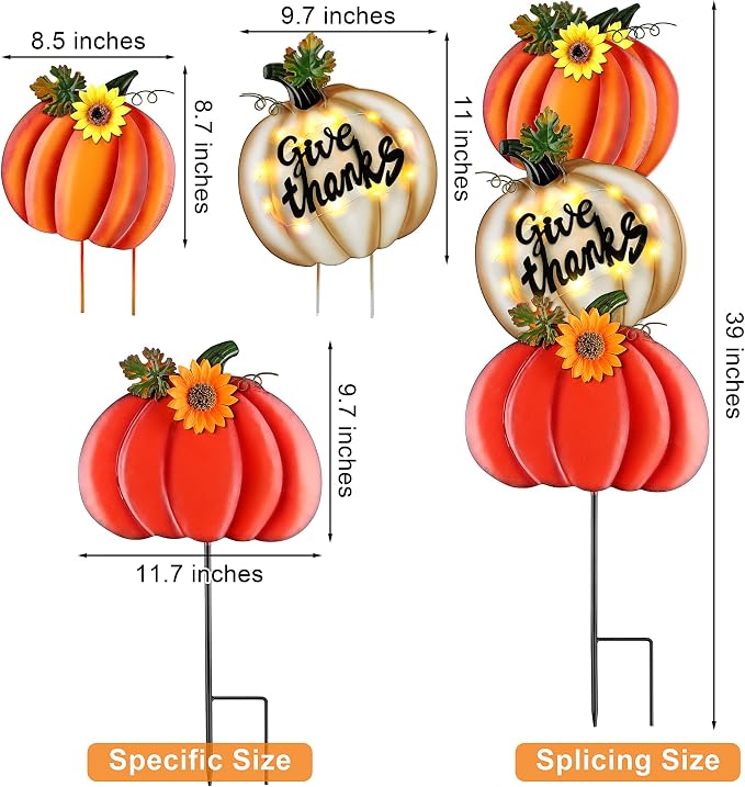 Fovths 39 Inches 3 Pieces Thanksgiving Metal Outdoor Fall Decorations, Giant LED Pumpkin Garden Lawn Patio Yard Signs, Metal Fall Waterproof Yard Sign for Home Thanksgiving Harvest Driveway Decor