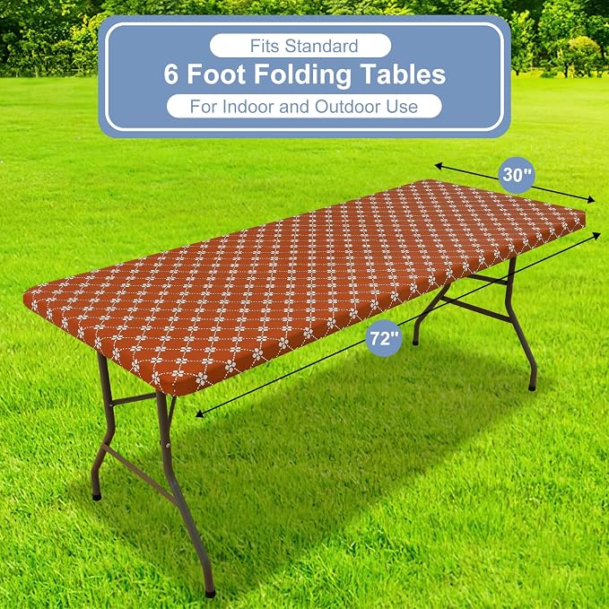 misaya Rectangle Vinyl Table Cloth, Elastic Fitted Tablecloth with Flannel Backing, Waterproof Plastic Table Cover Fits 6 Foot Folding Tables for Picnic, Camping, Indoor and Outdoor (Rust, 30" x 72")