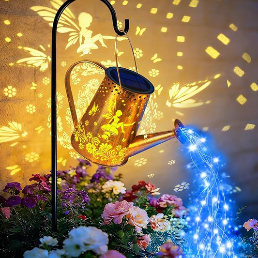 YJFWAL Solar Watering can with Lights, Gardening Gifts for Mothers Day Mom Grandma Women Birthday, Waterproof Watering Can with Cascading Lights Outdoor Decor for Garden Patio Yard Pathway (Blue)