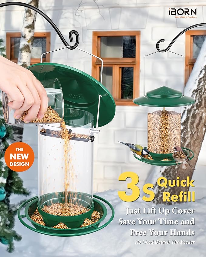iBorn Metal Bird Feeders for Outdoors Hanging,Wild Bird Feeders for Cardinal,18cm Large Roof &Tray New Green 6 Port (Seed is not Included)