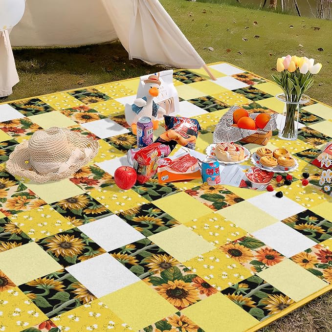 Checkered Picnic Blankets Waterproof Foldable, 60″X80″Sunflower Picnic Mat Outdoor Blanket for Grass, Cute Bee Thick Beach Blanket Sandproof Picnic Accessories for Camping Party Park Patio