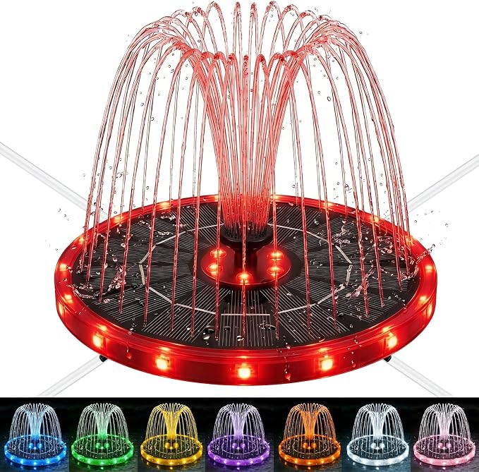 Solar Fountain for Bird Bath with Colorful LED Lights, Floating Solar Fountain Fixed Rods, 3W Solar Powered Water Fountain Pump with Strong Spray & 5 Nozzles for Pond, Pool, 23 LED Lights