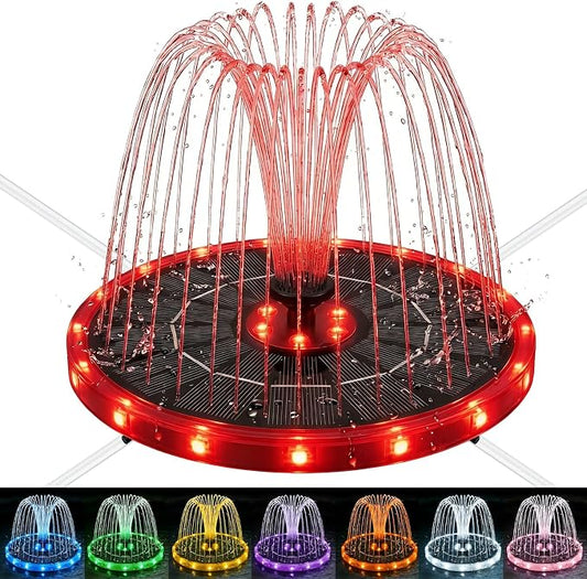 Solar Fountain for Bird Bath with Colorful LED Lights, Floating Solar Fountain Fixed Rods, 3W Solar Powered Water Fountain Pump with Strong Spray & 5 Nozzles for Pond, Pool, 23 LED Lights