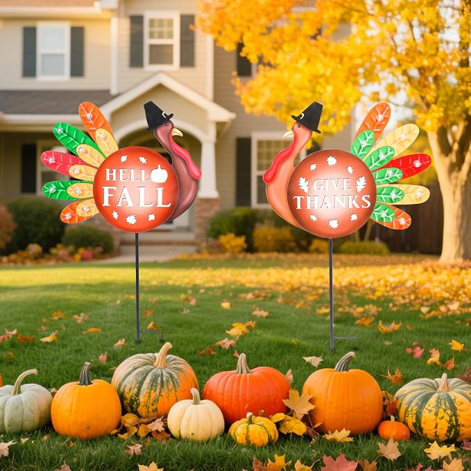 Fall Yard Decor Outdoor Autumn Harvest Garden Stakes with LED Light Autumn Two Turkeys Yard Sign with Stakes Fall Thanksgiving Decoration for Home Outside Lawn Garden Holiday Decor