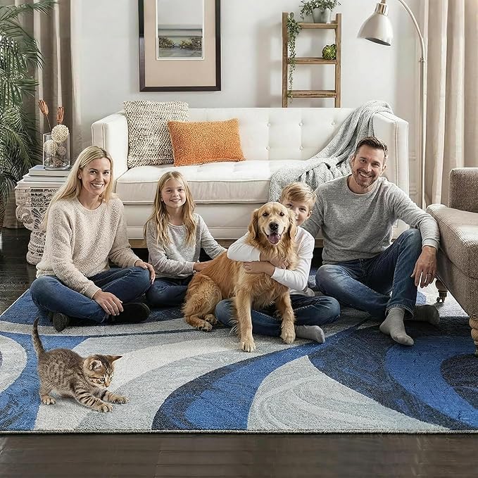Washable Area Rug for Living Room, Indoor, Dinig Room – Soft Pile Non-Slip Rug for Kitchen – Modern Contemporary Design Machine Washable Carpet, Foldable Rug, Easy to Clean – (4X5-Dark Blue)