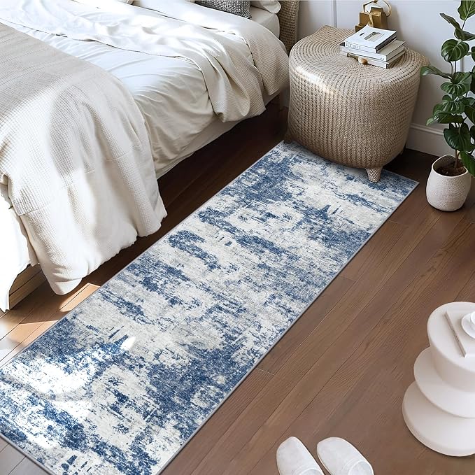 Tosuoka 2'6''x8' Area Rugs for Living Room Abstract Washable Gray Blue Rug | With Anti-Slip Backing，Non-Shedding，Stain-Resistant，Soft Modern Large Carpet for Bedroom Dining Room Farmhouse Nursery