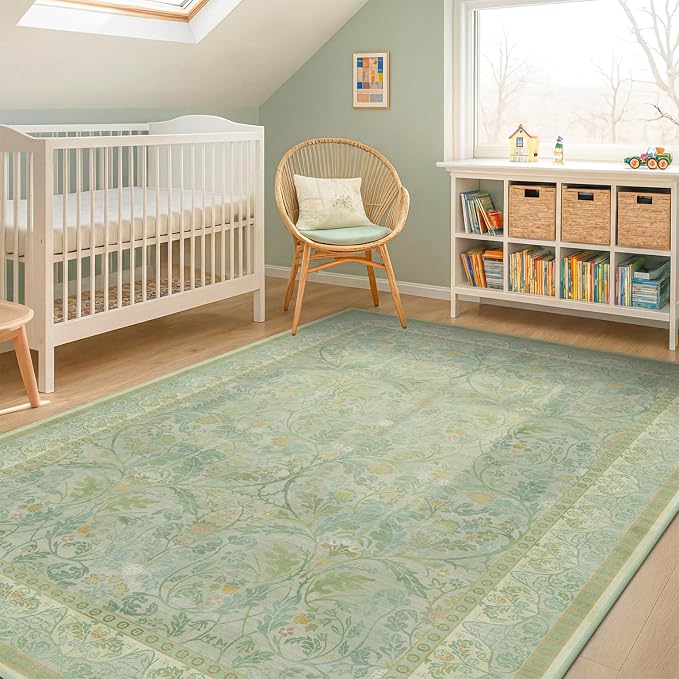 5x8 Sage Green Nursery Area Rug Non Slip, Soft Washable Rugs for Living Room, Bedroom, Kids Room, Playroom, Dorm, Mint Green Accent French Country Cottage Core Style Decor Indoor Carpet