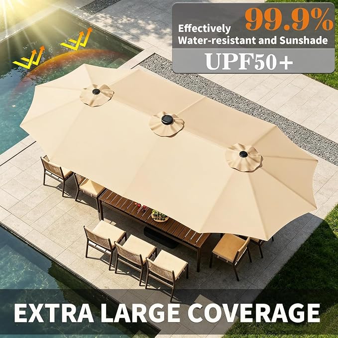 DomeShade 15ft Patio Umbrella with Base Included Solar Lights,Double Umbrella Outdoor Patio Table Umbrella Market Rectangle Umbrellas with 36 LED Lights for Outside Poolside Lawn Backyard,Beige