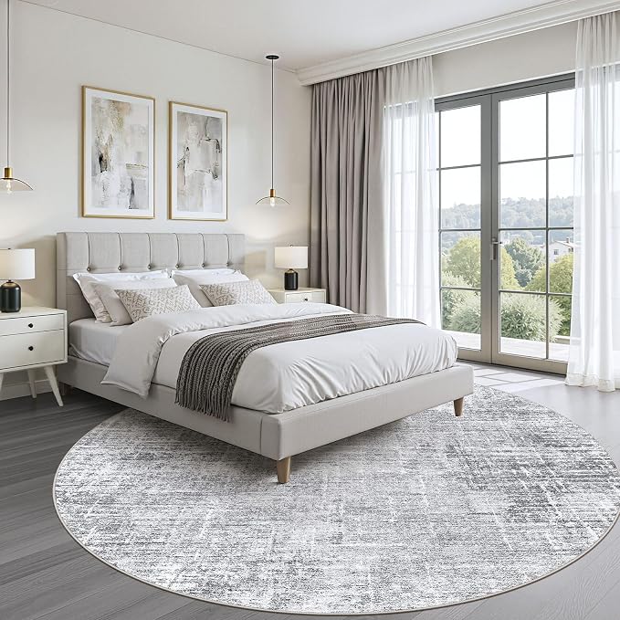 LOONGRUG Round Rug 7x7 Washable Neutral Modern Rug for Living Room Grey | Circle Large Abstract Soft Stain Resistant Indoor Non-Slip Carpet for Bedroom Nursery Kids Office Playroom Dining Room