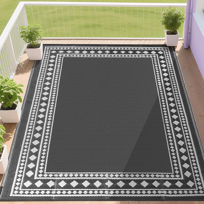 RURALITY Outdoor Rug 9x12 Waterproof for Patio Clearance,Large Plastic Straw Mat for Camping,Porch,RV,Grey and White