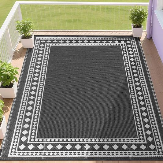 RURALITY Outdoor Rug 9x12 Waterproof for Patio Clearance,Large Plastic Straw Mat for Camping,Porch,RV,Grey and White