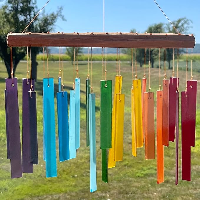 Blue Handworks Color Spectrum Glass and Driftwood Chime | Sandblasted Glass and Found Wood Hand Crafted Wind Chime