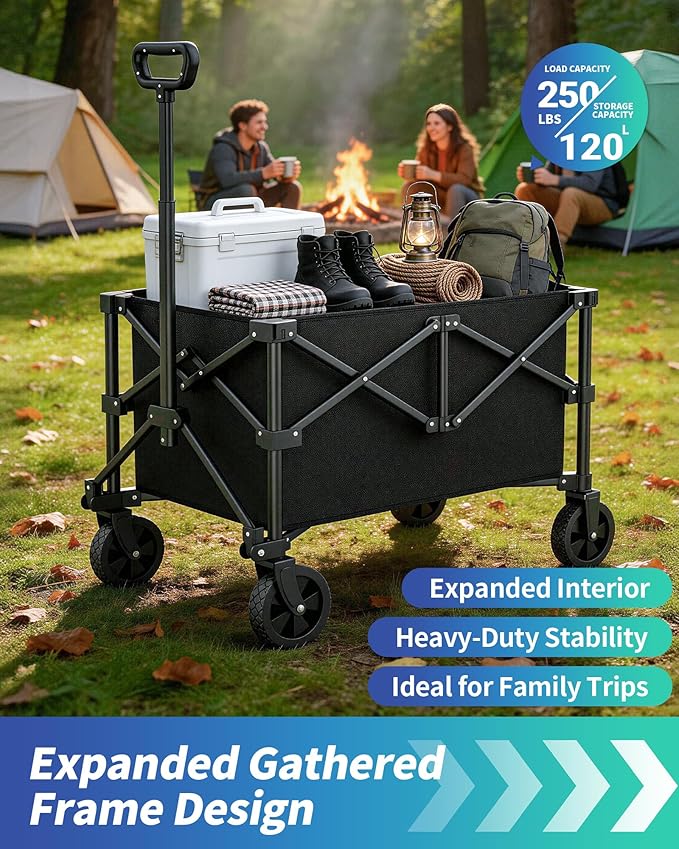 Kitsure Collapsible Wagon with Wheels, Foldable Dog Wagon Carts with 250lbs Load Capacity, Utility Shopping Cart, Black, 30.7" x 19.7" x 36.4"