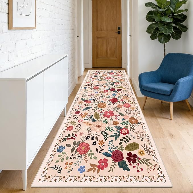 Washable Beige Red 2'6" x 10' Runners for Hallways, Non Slip Long Floor Runner for Kitchen, Entryway Indoor, Stain Resistant Rubber Backing Floral Décor Rug